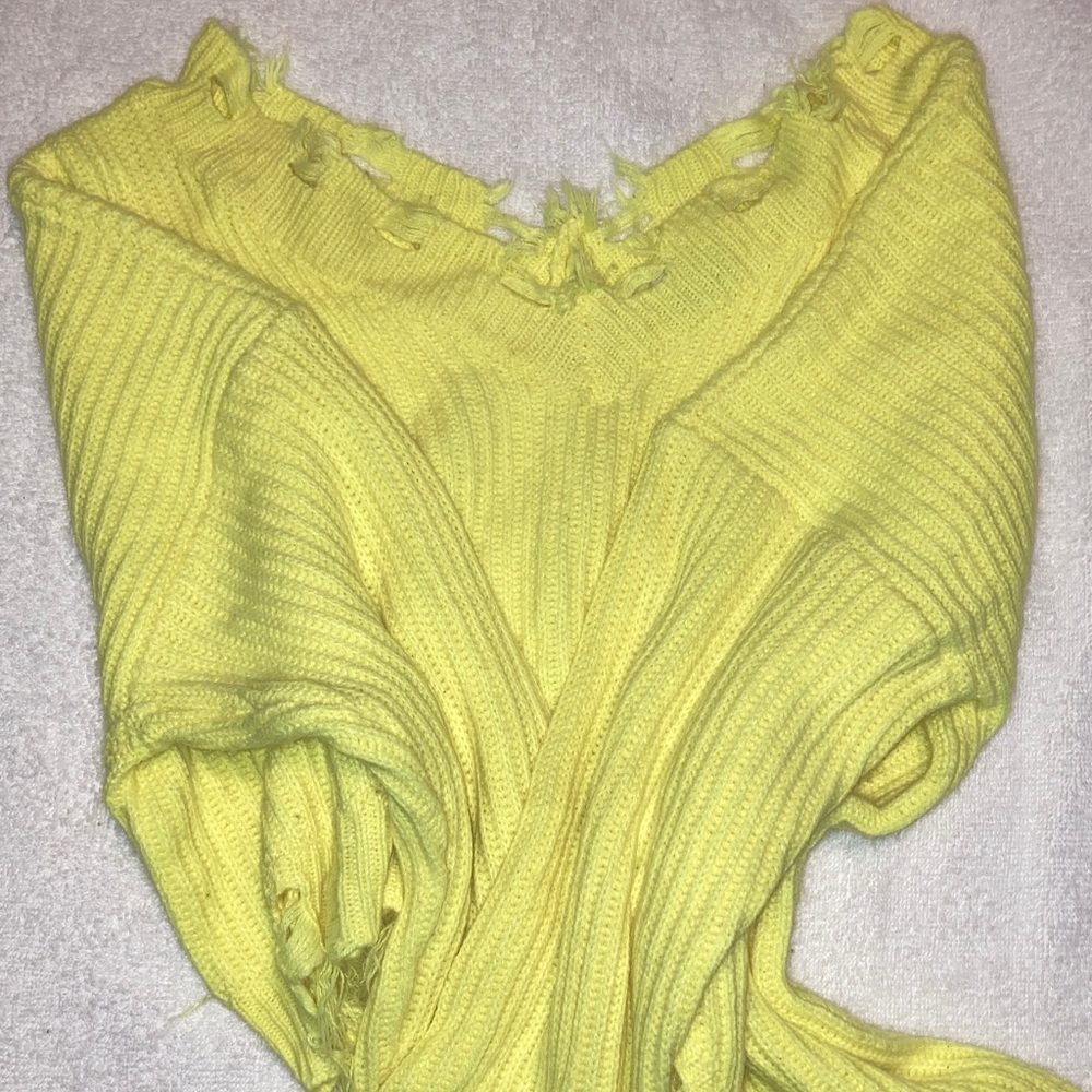 Fashion Nova V-Neck Sweater in Bright Yellow Cropped Top Distressed Asymmetrical
